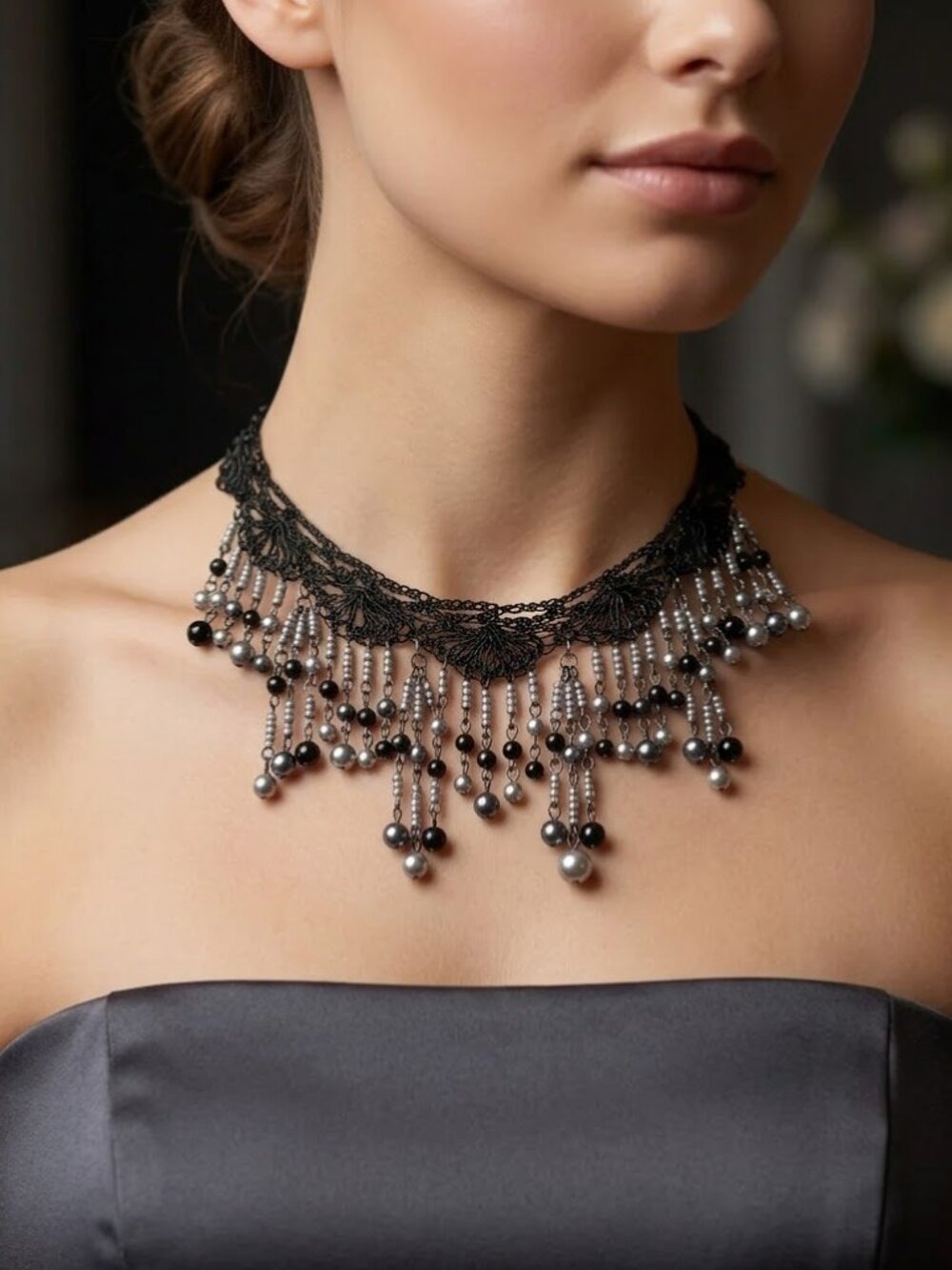 Handmade knit and bead fringe necklace in Grey Black tones